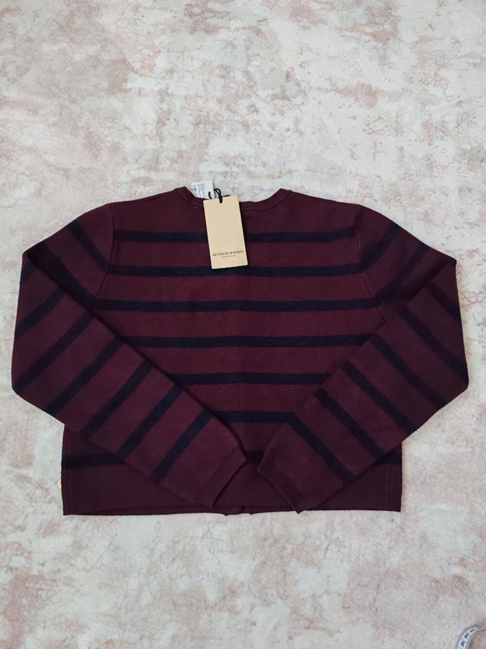 NWT Scotch & Soda Striped Knit Cardigan Sweater Gold Buttons Wine Navy XS - Picture 10 of 13